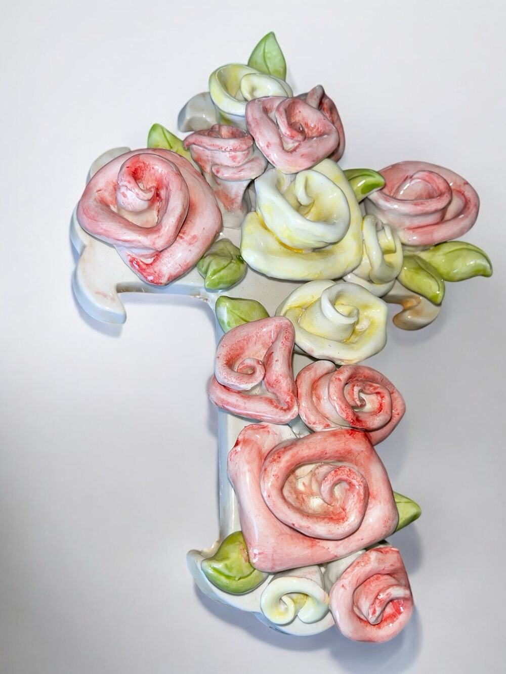 KoKo Original Athena Boulguaida Handmade Pottery Lusterware Rose Cross 9x6.5